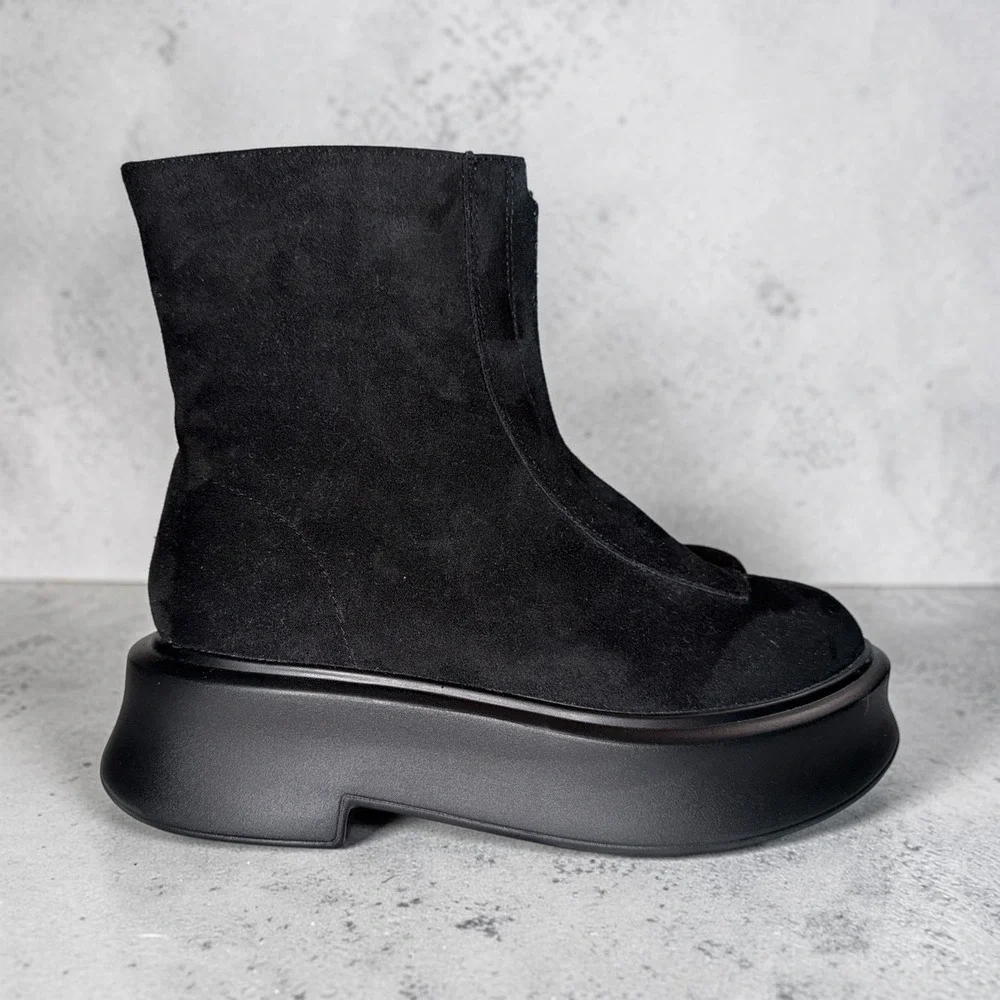 Coutgo Womens Black Faux Suede Front Zip Platform Ankle Boots Size 8.5